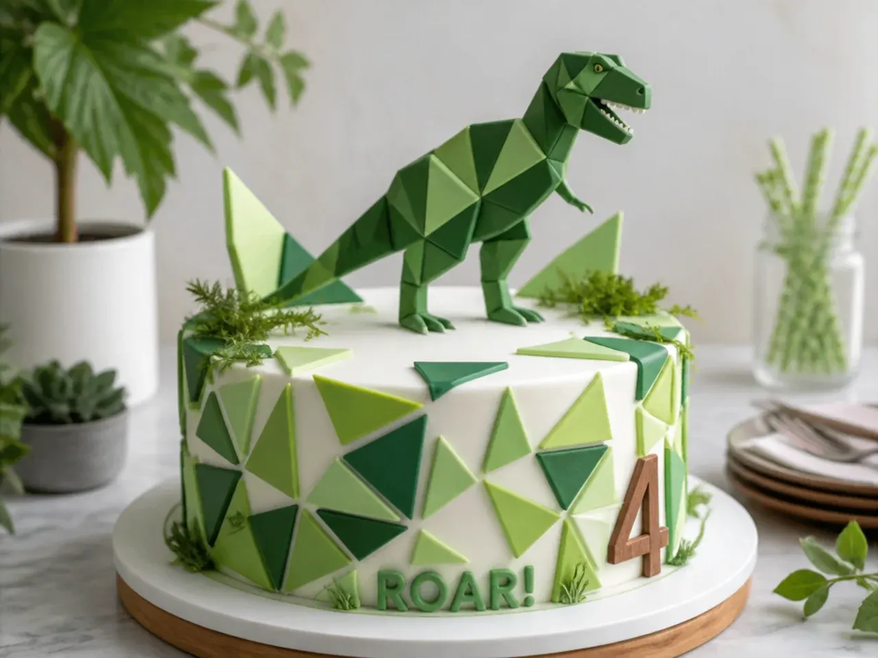 Modern geometric dinosaur birthday cake with low-poly fondant triangles in three greens
