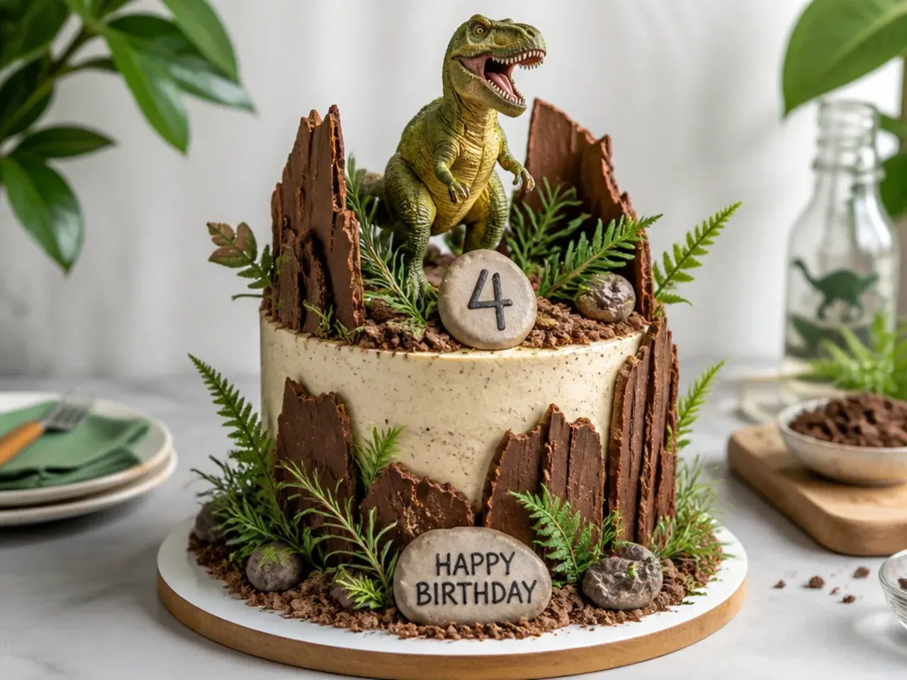 Rustic dinosaur birthday cake with chocolate bark shards, rosemary ferns and biscuit soil