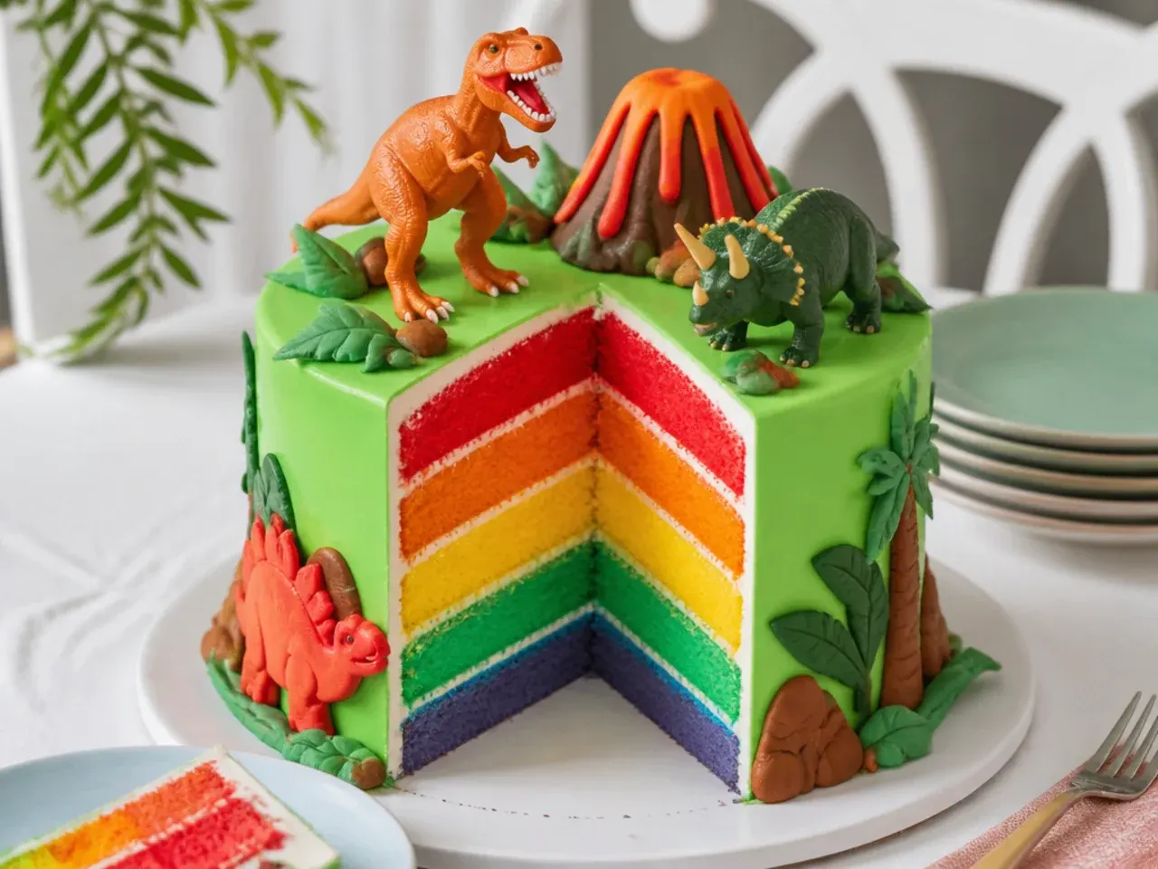 Colorful dinosaur birthday cake sliced open to reveal rainbow surprise layers inside