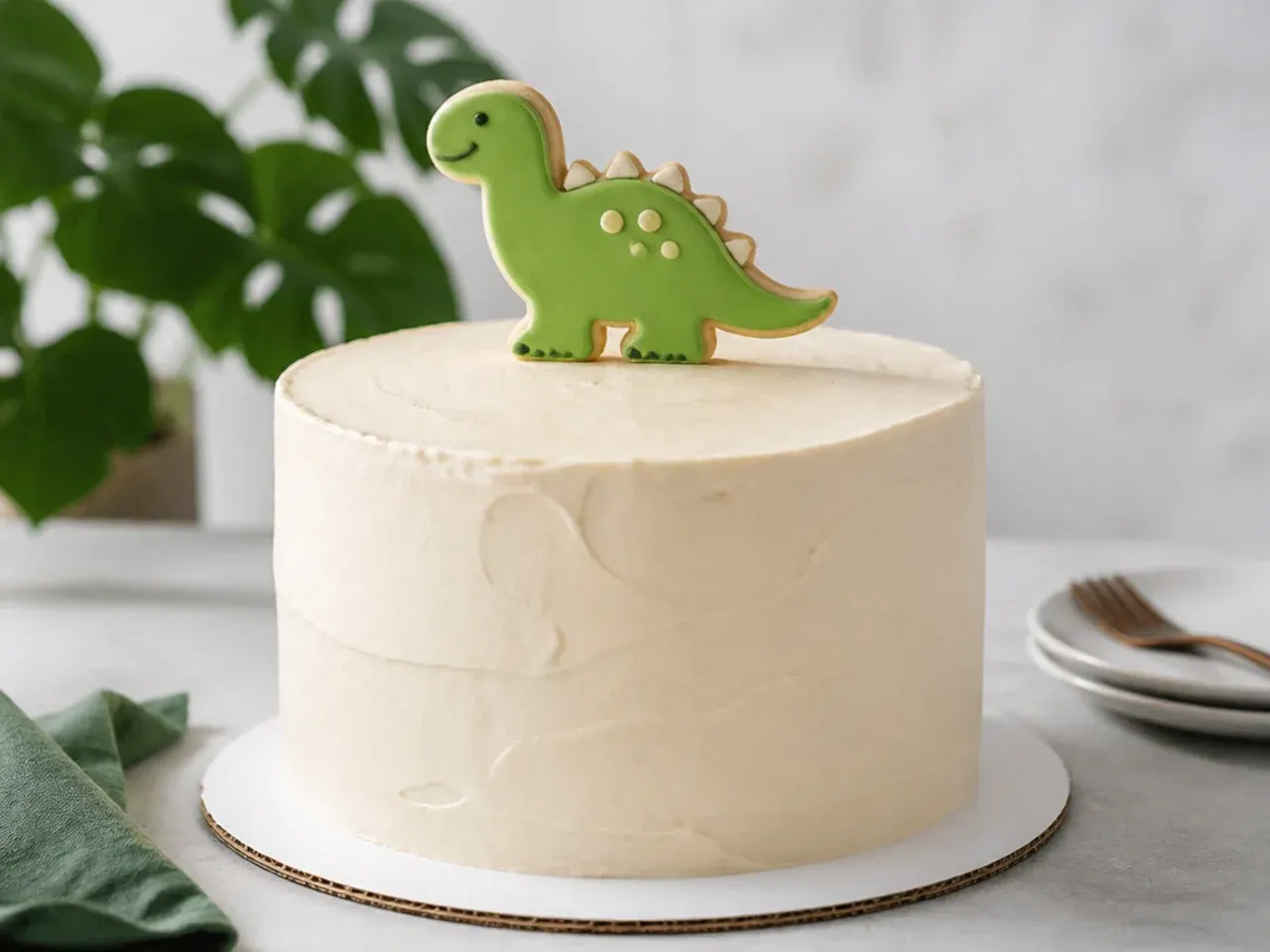 Minimal white dinosaur birthday cake with a single green iced dinosaur cookie on top