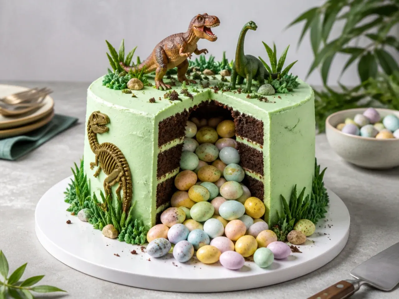 Festive dinosaur birthday cake pinata style spilling candy dinosaur eggs from the centre