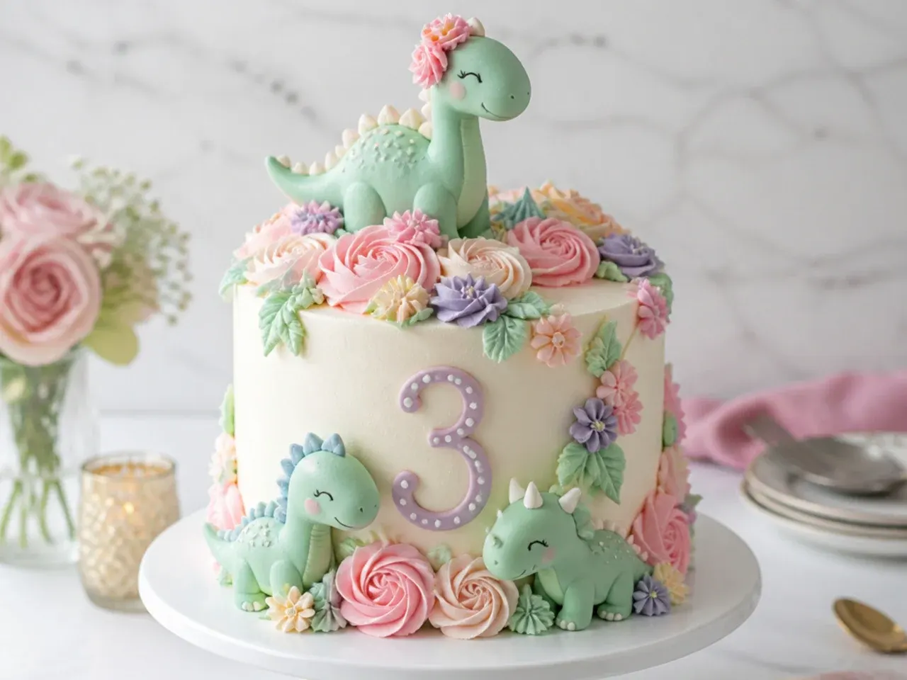 Whimsical pastel dinosaur birthday cake with piped buttercream roses and mint dinosaurs
