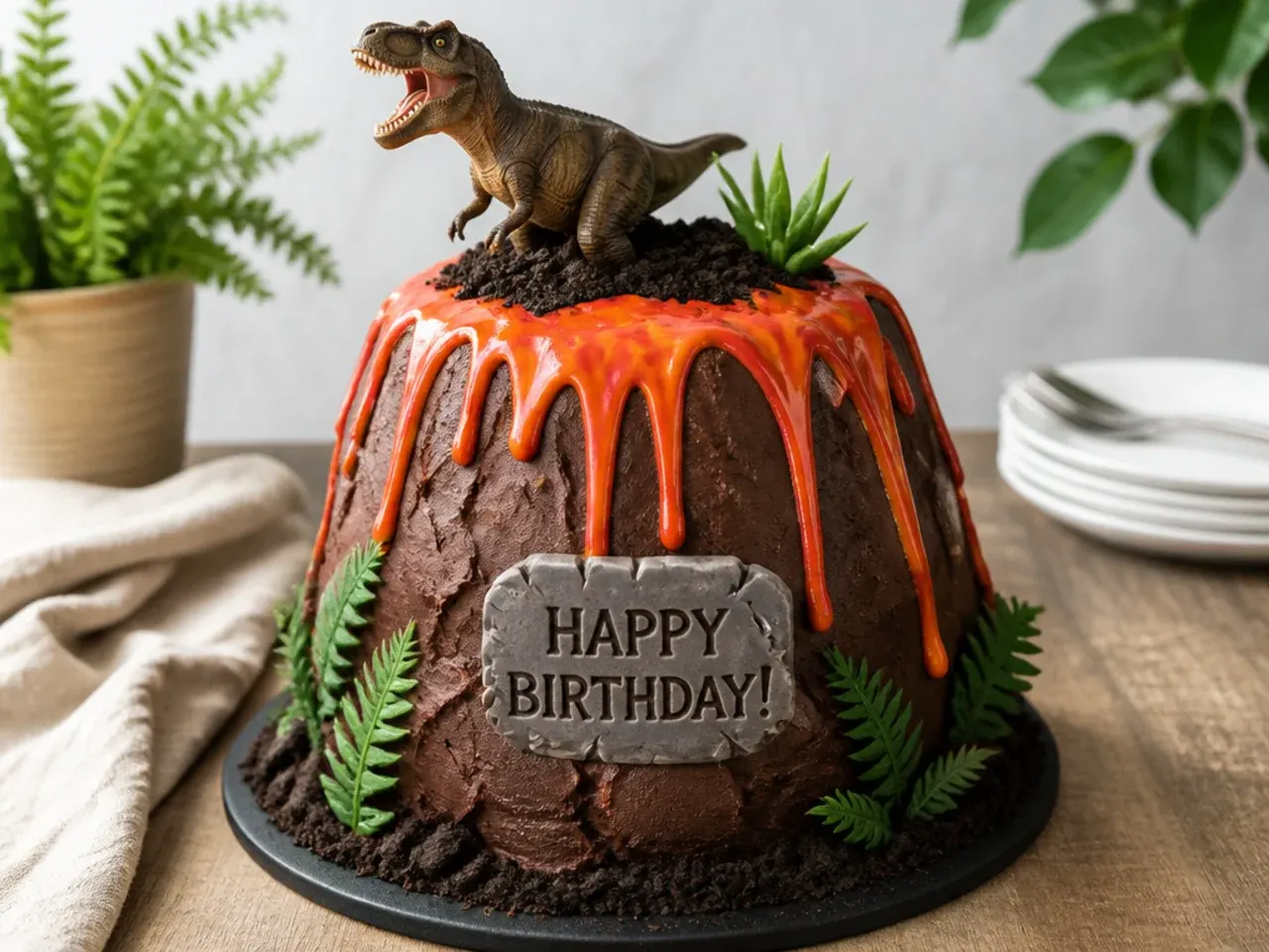 Bold volcano dinosaur birthday cake with orange lava drip and craggy chocolate buttercream