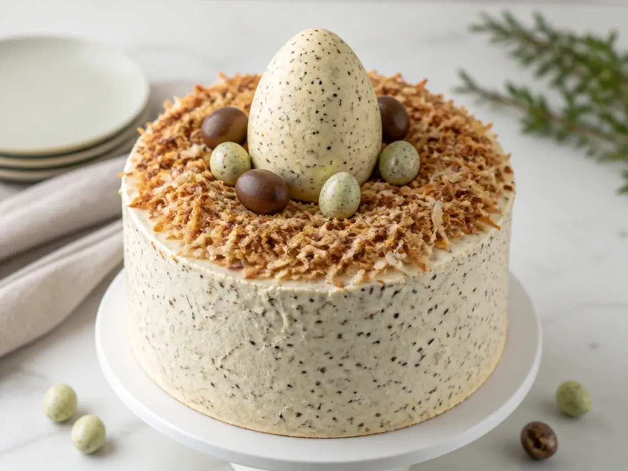 Delicate speckled dinosaur egg birthday cake with toasted coconut nest and chocolate eggs