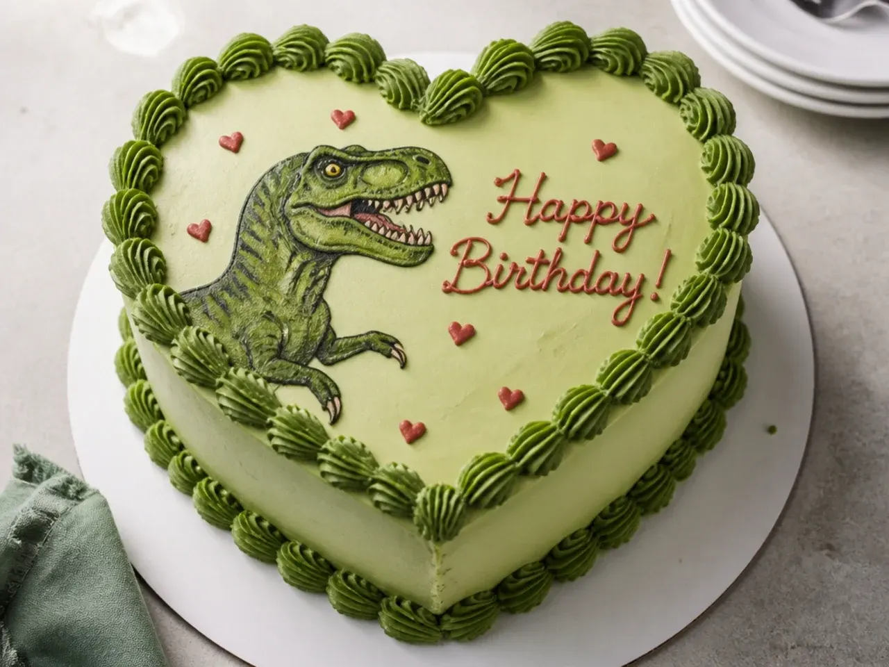 Vintage heart-shaped dinosaur birthday cake with retro piped shell borders and script