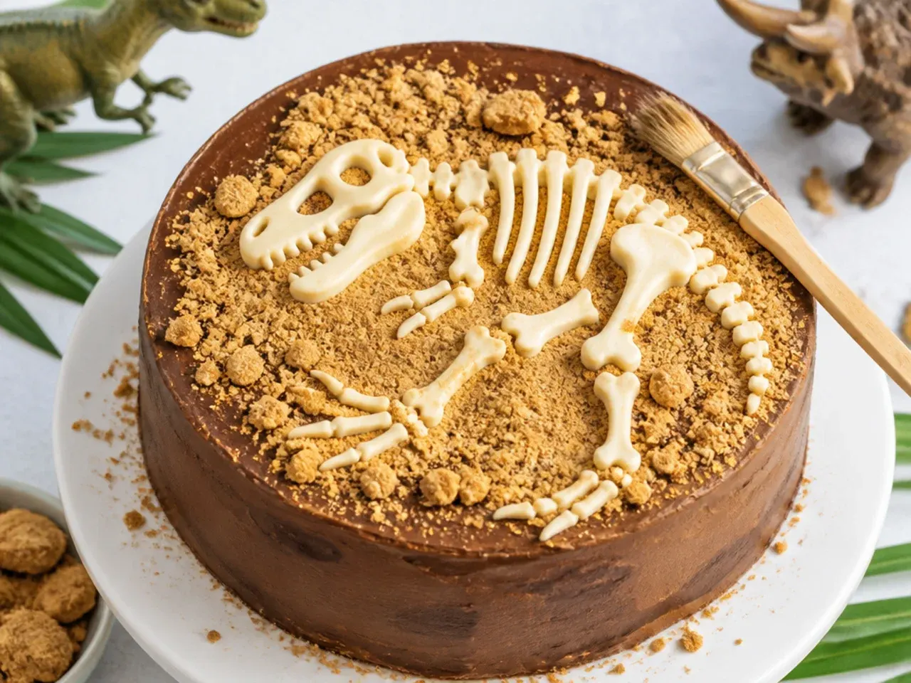 Creative fossil excavation dinosaur birthday cake with white chocolate bones in biscuit sand