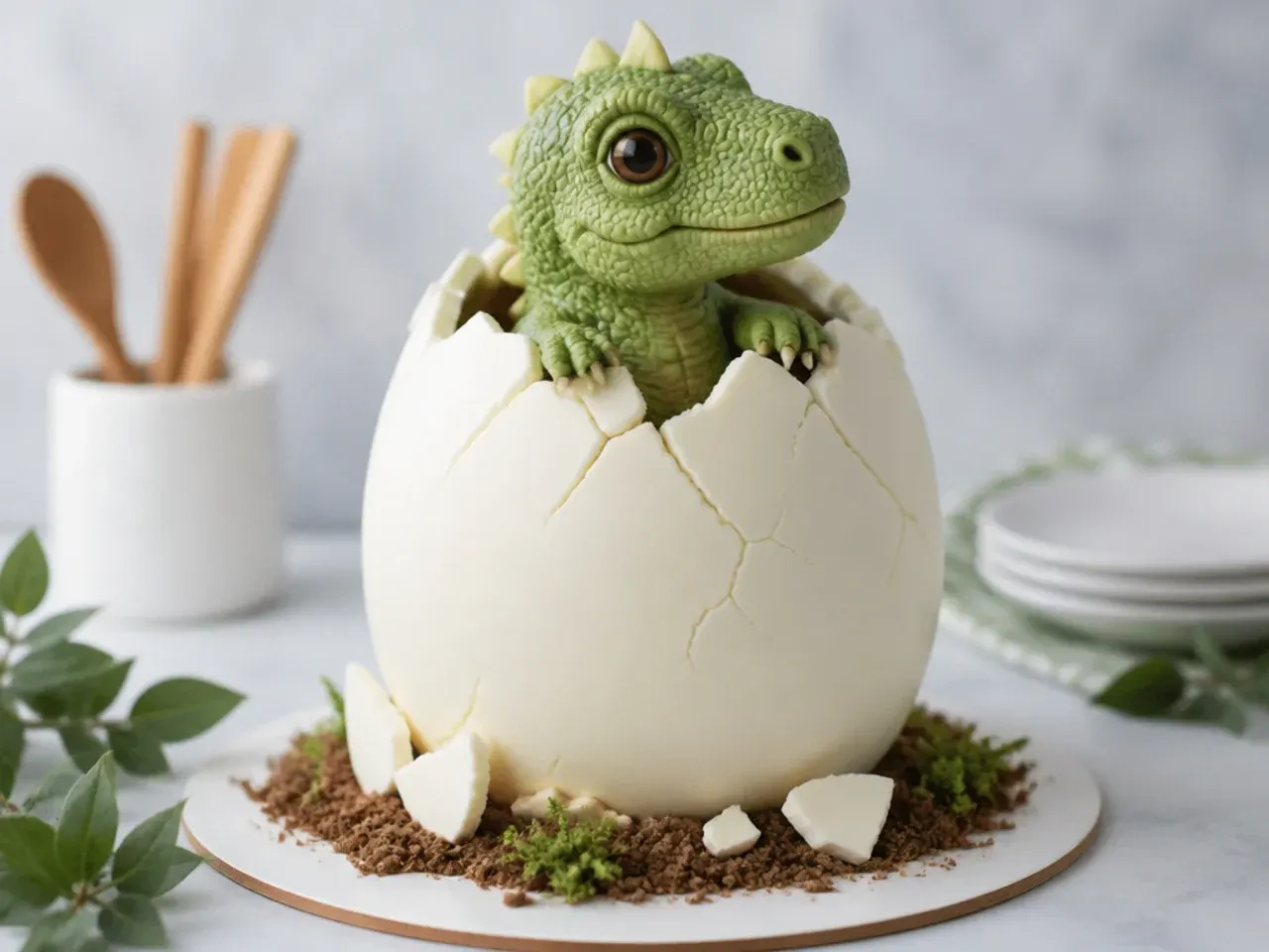 Charming hatching baby dinosaur birthday smash cake shaped like a cracked white egg