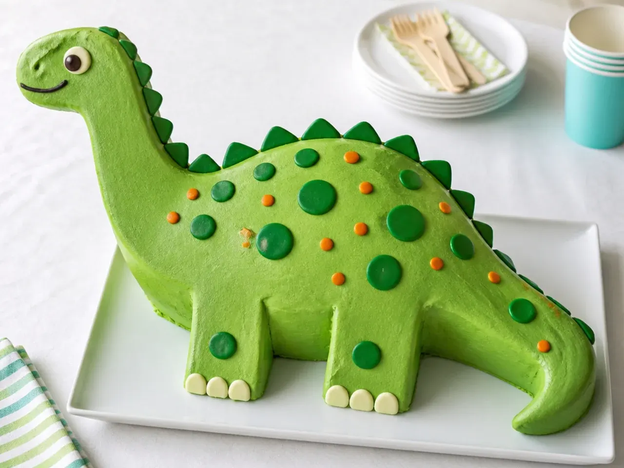 Classic cut-and-shape brontosaurus dinosaur birthday cake carved from a sheet cake