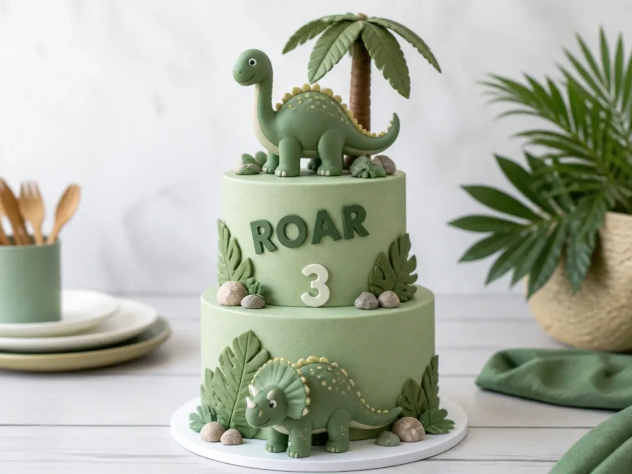Elegant two-tier sage green dinosaur birthday cake with palm leaves and dinosaur figures
