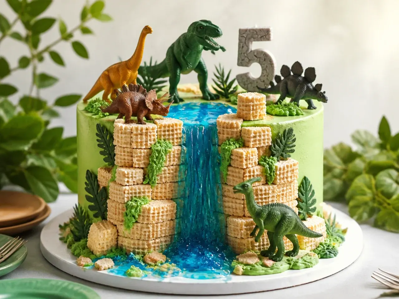 Playful dinosaur birthday cake with wafer cookie cliffs and a blue gel waterfall