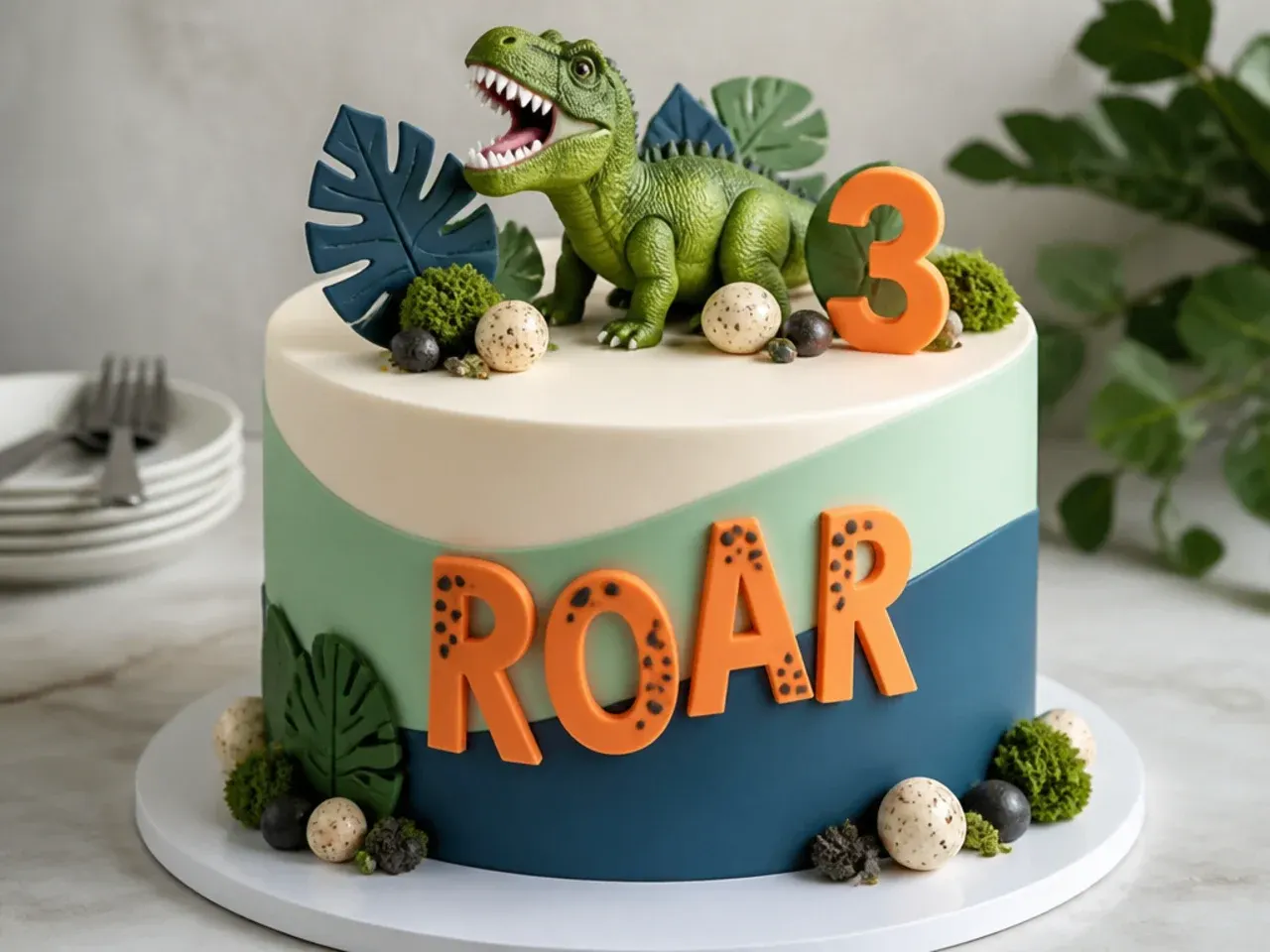 Modern colour-block dinosaur birthday cake with bold ROAR fondant lettering