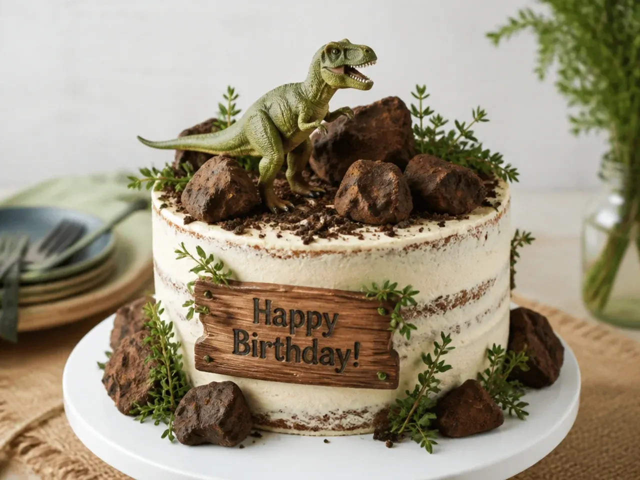 Rustic semi-naked dinosaur birthday cake with chocolate boulder rocks and thyme sprigs