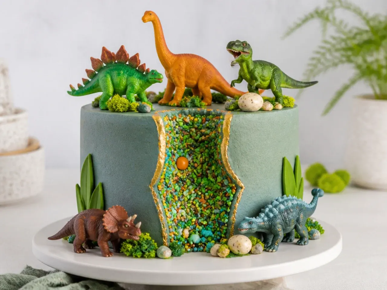 Colorful dinosaur birthday cake with a gold-edged fault line packed with dino sprinkles
