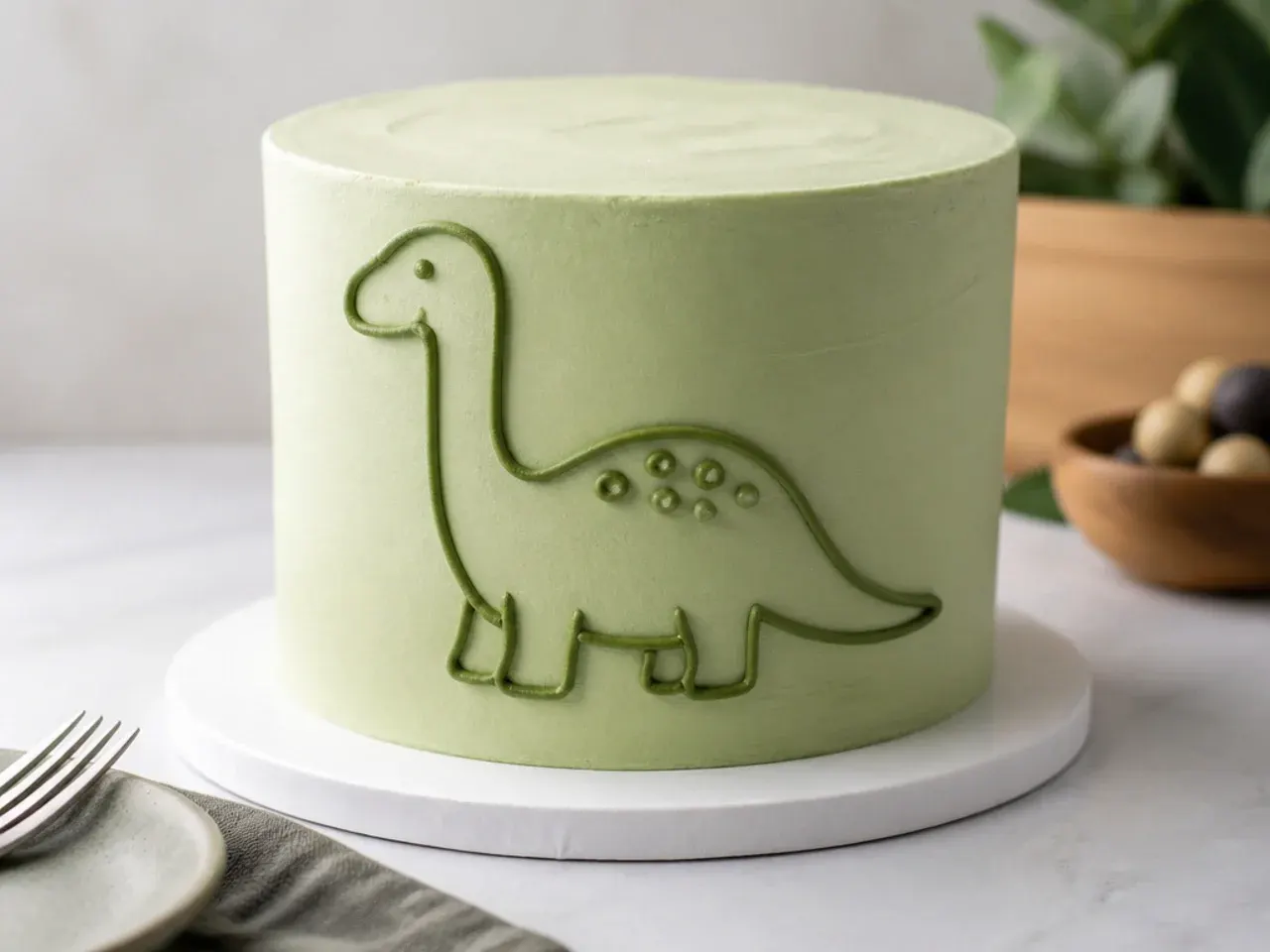 Minimal line-art dinosaur birthday cake with a single piped dinosaur outline on sage buttercream