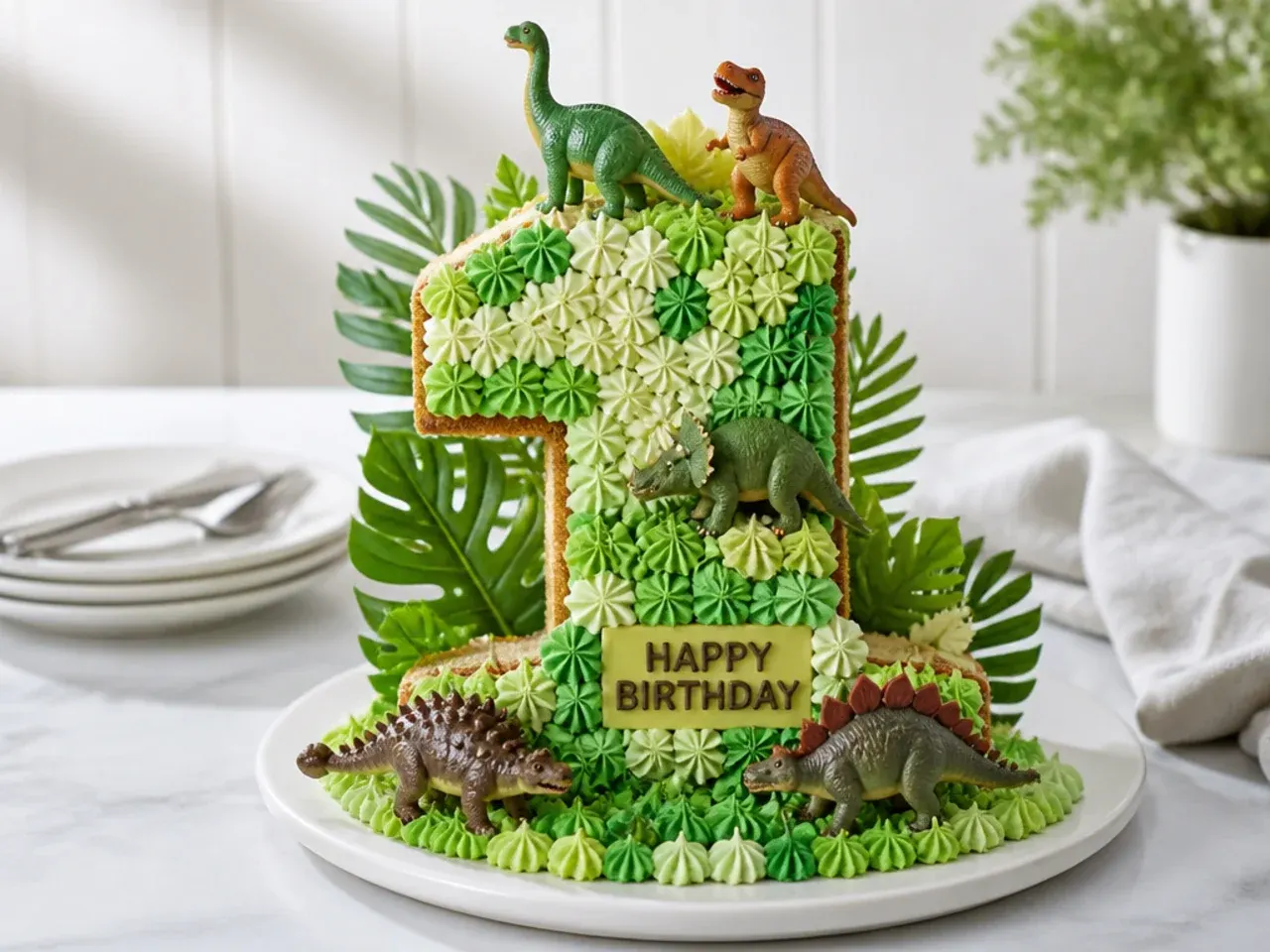 Festive dinosaur number birthday cake piped with buttercream dots and mini dinosaurs