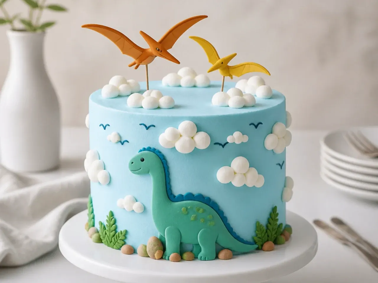 Whimsical sky blue dinosaur birthday cake with marshmallow clouds and flying pterodactyl toppers