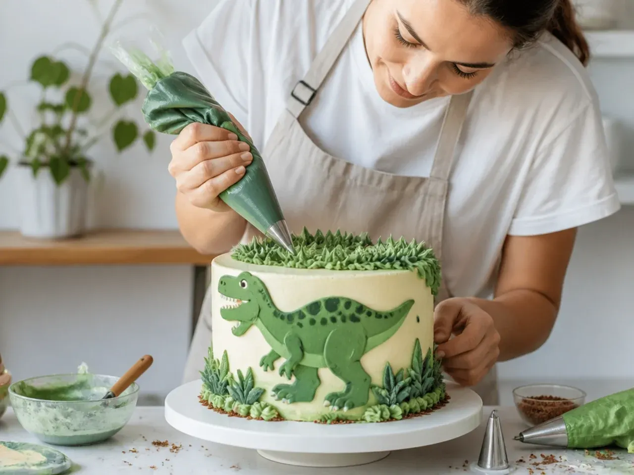 Baker decorating a dinosaur birthday cake with green buttercream and piping tools