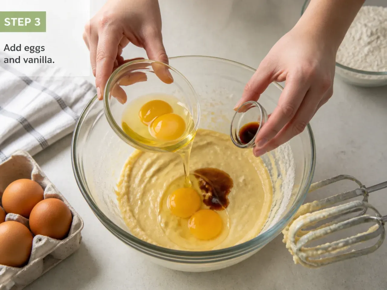 dinosaur cake designs — step 3: add eggs and vanilla