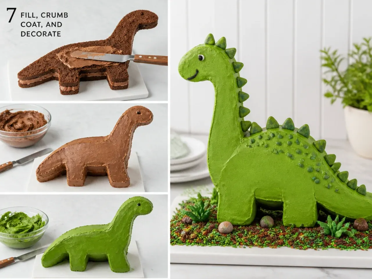 dinosaur cake designs — step 7: fill, crumb coat, and decorate