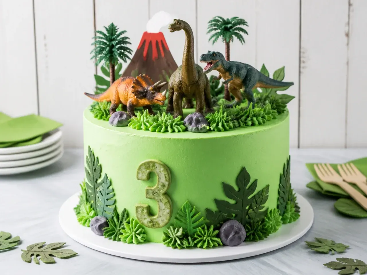 Green buttercream jungle dinosaur cake design with piped grass and toppers