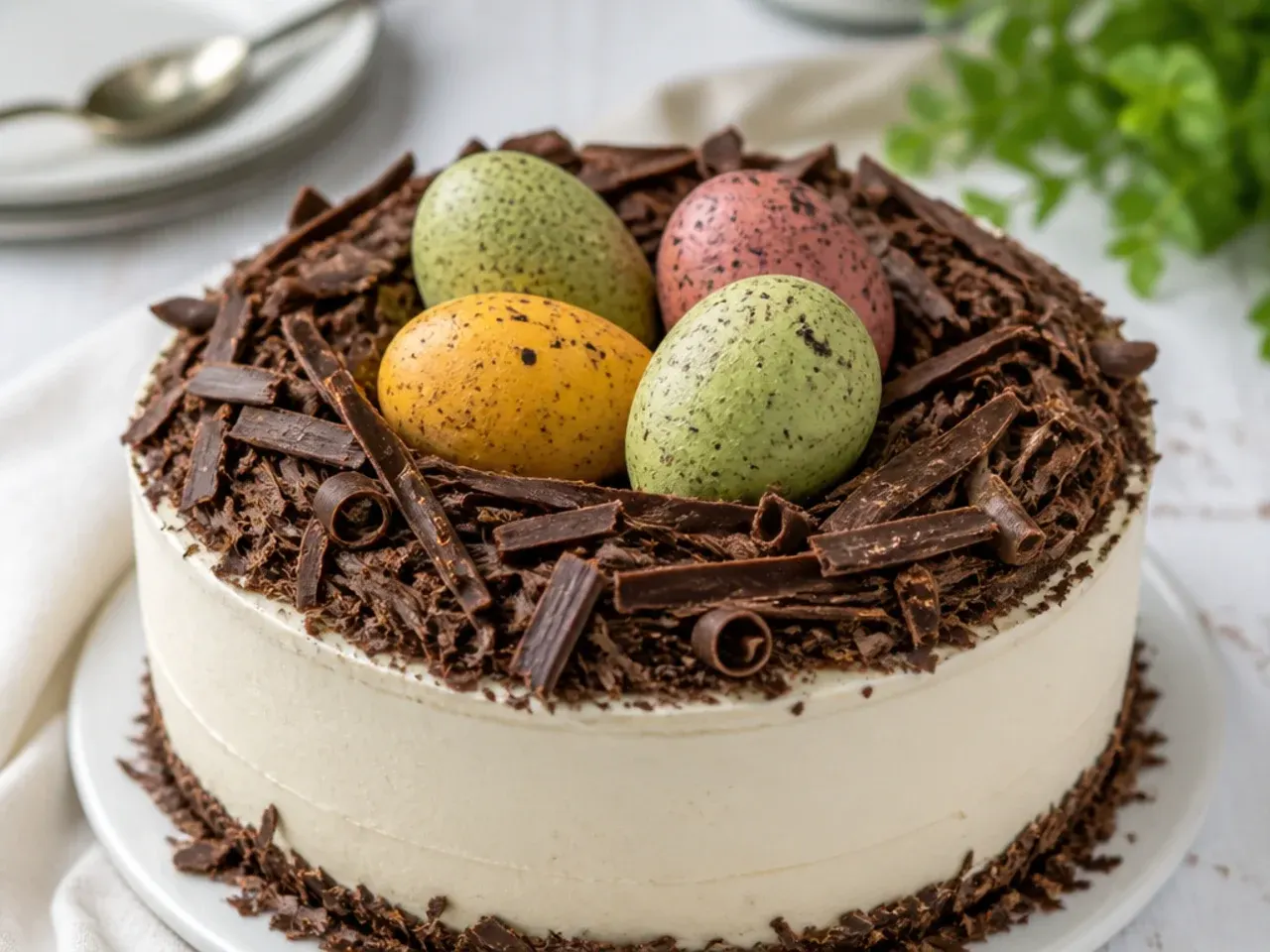 Dinosaur egg nest cake idea with speckled fondant eggs on chocolate curls