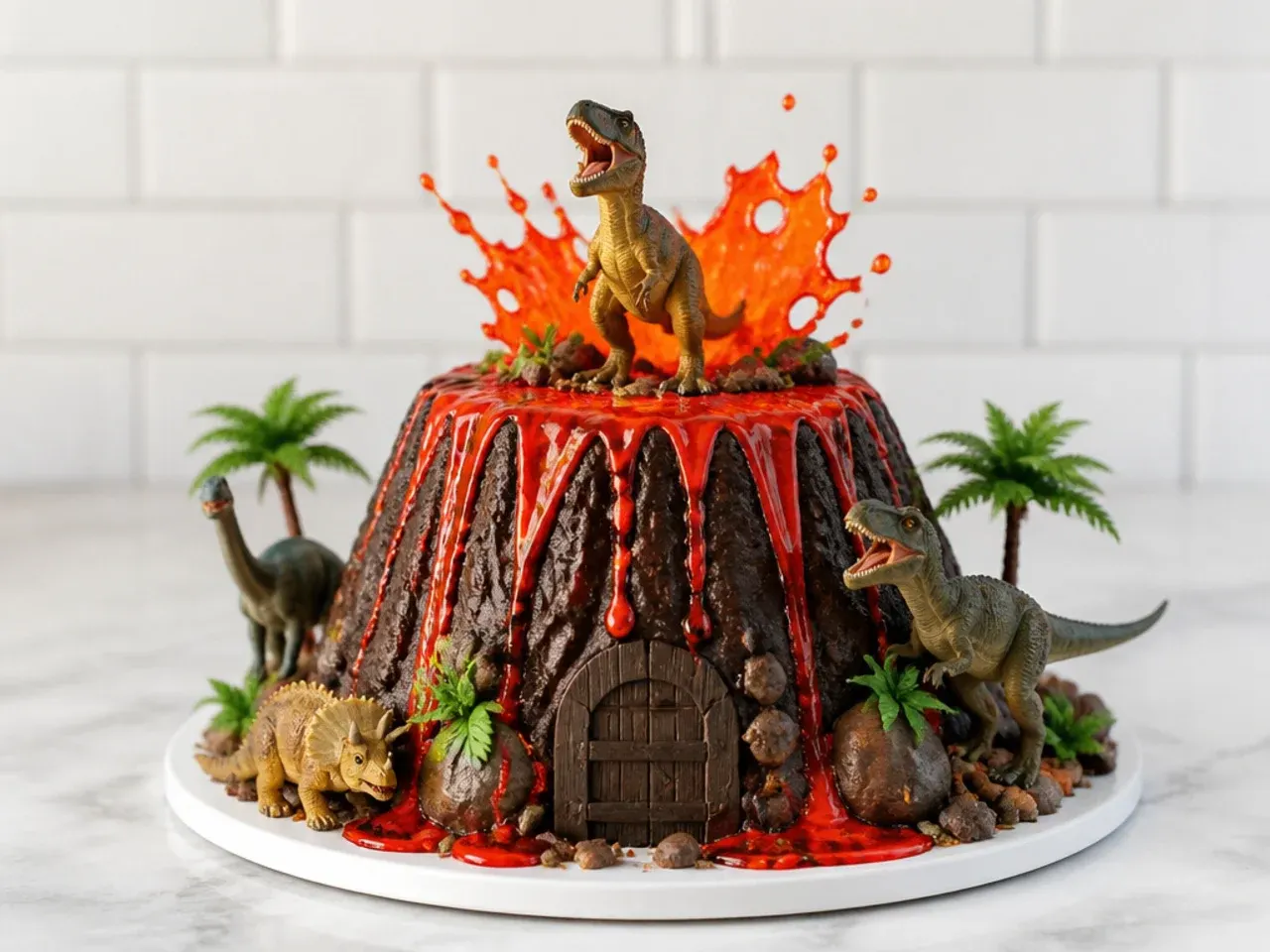 Erupting volcano dinosaur cake design with red lava drip and figures