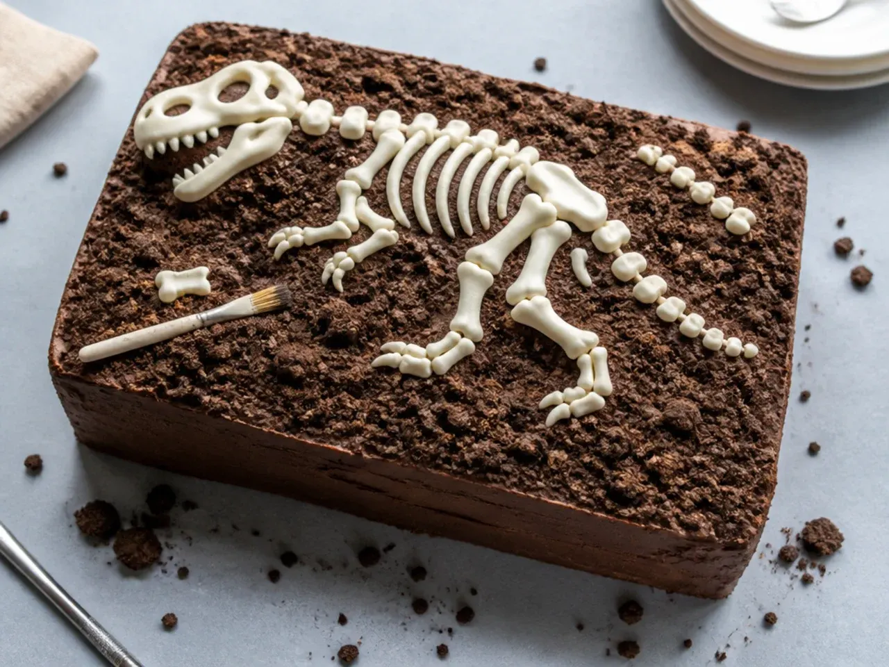 Fossil dig dinosaur cake idea with cookie crumb dirt and fondant bones