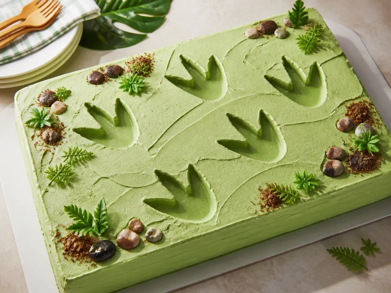 Dinosaur footprint sheet cake design with three-toed tracks across buttercream