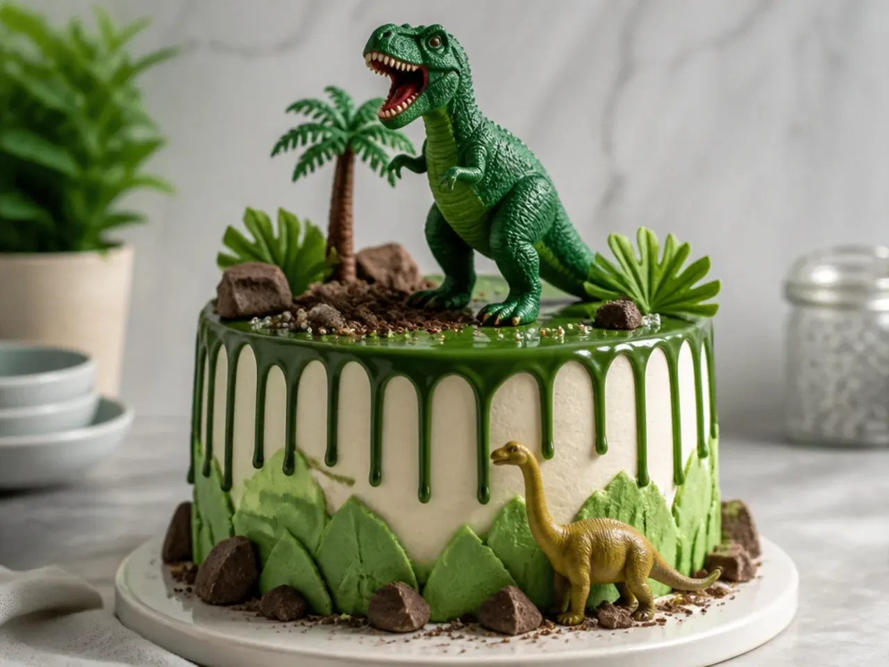 Green ganache drip dinosaur cake design with toppers and chocolate rocks