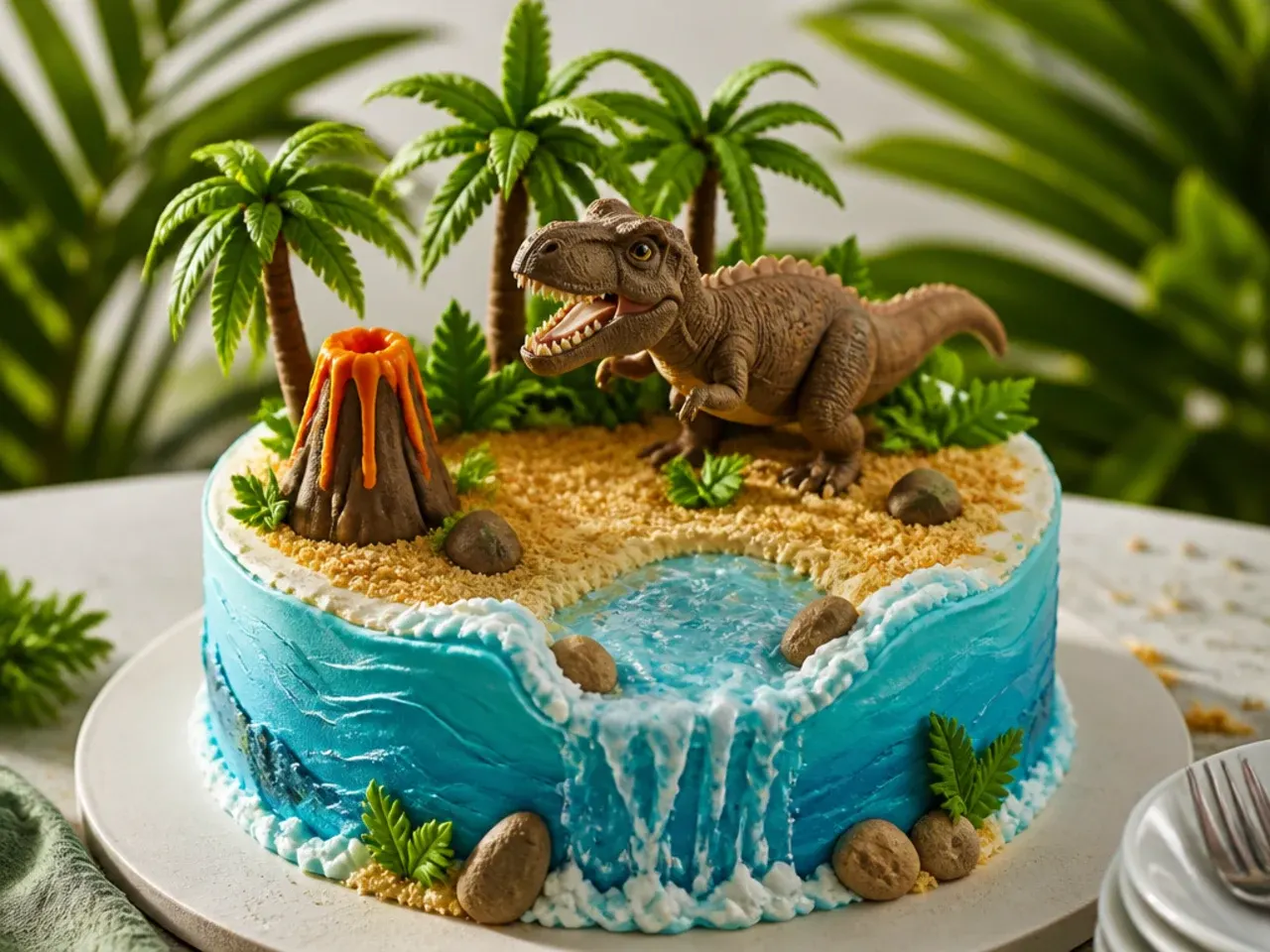 Tropical island dinosaur cake idea with blue water beach and palm trees