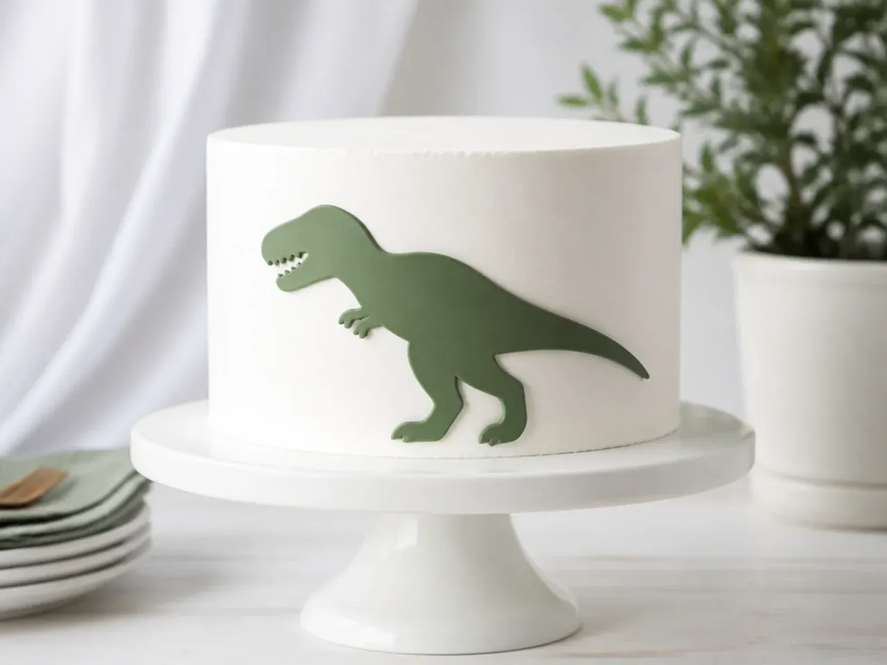 Minimalist dinosaur silhouette cake design with fondant profile on white