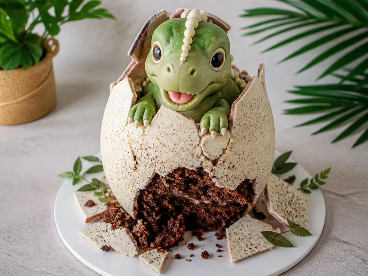 Cracked dinosaur egg smash cake idea with baby dino hatching from shell