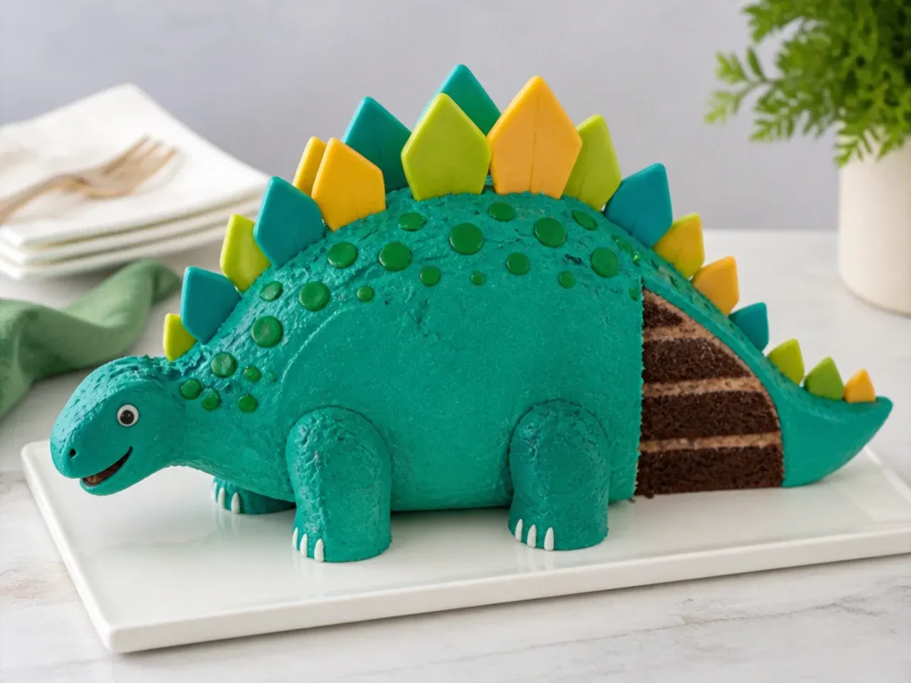 Bold spiked stegosaurus slab cake design with colorful fondant back plates