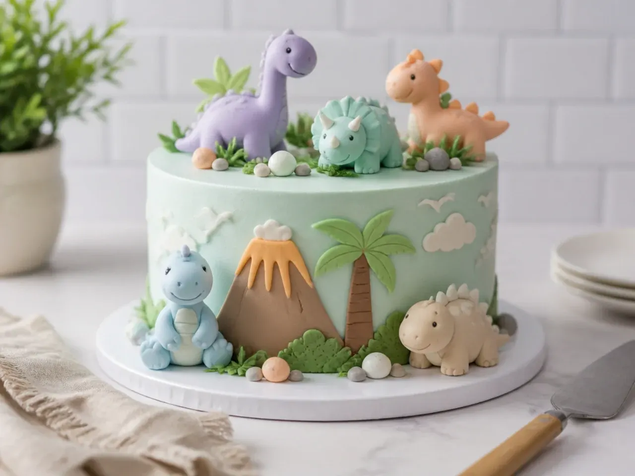 Delicate pastel baby dinosaur cake idea with soft fondant figures