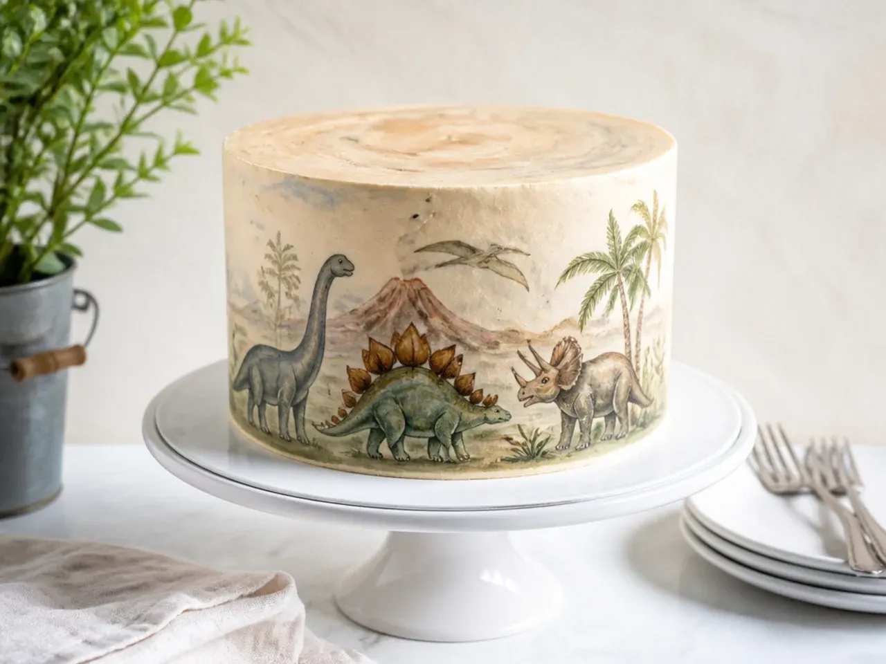 Vintage storybook dinosaur cake design with hand-painted faded scene