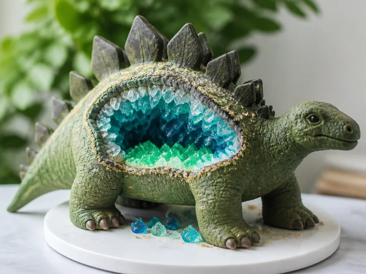 Geode crystal dinosaur cake idea with rock candy cavity and figure