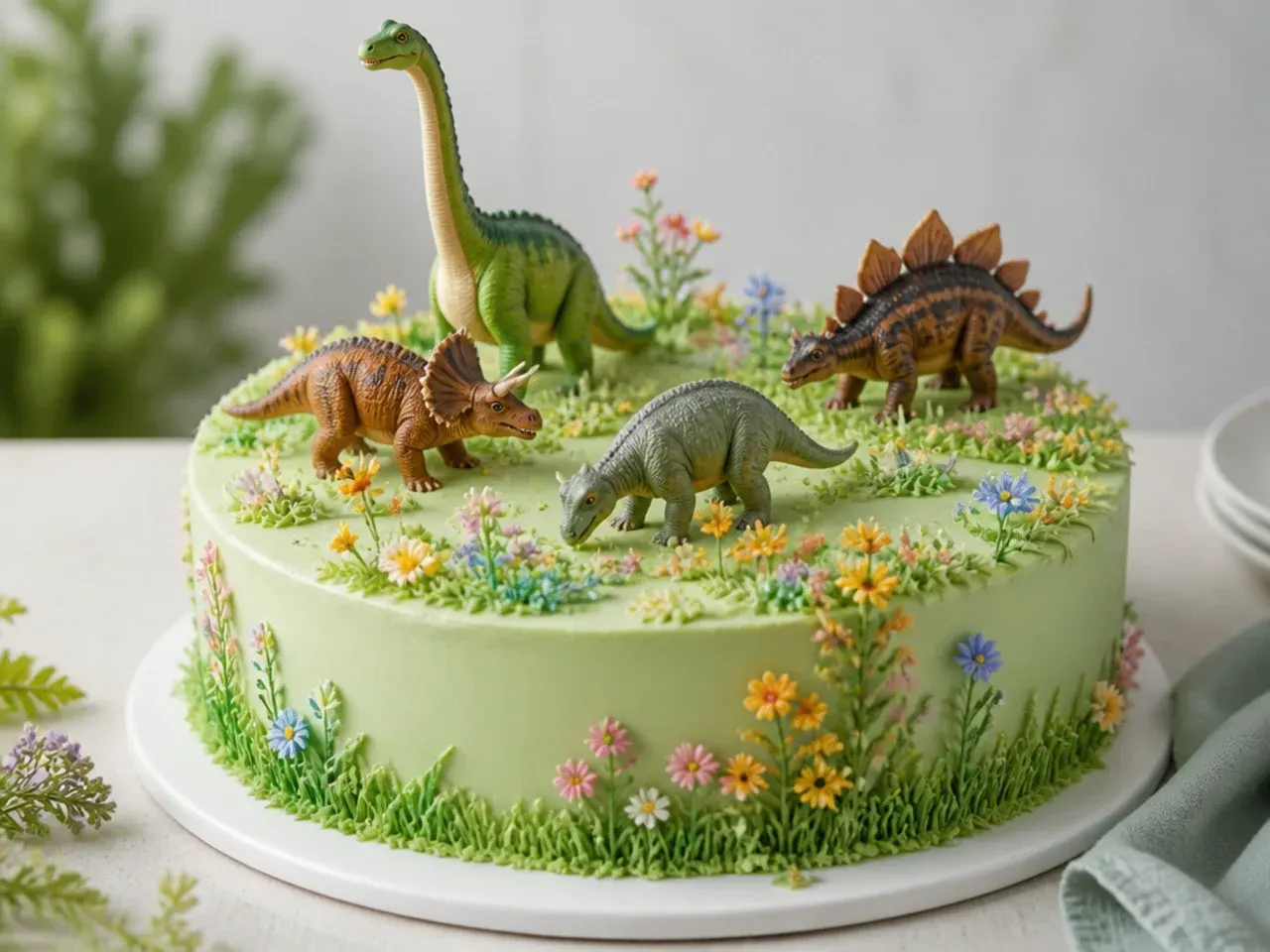 Charming dinosaur meadow cake design with piped wildflowers and grazers