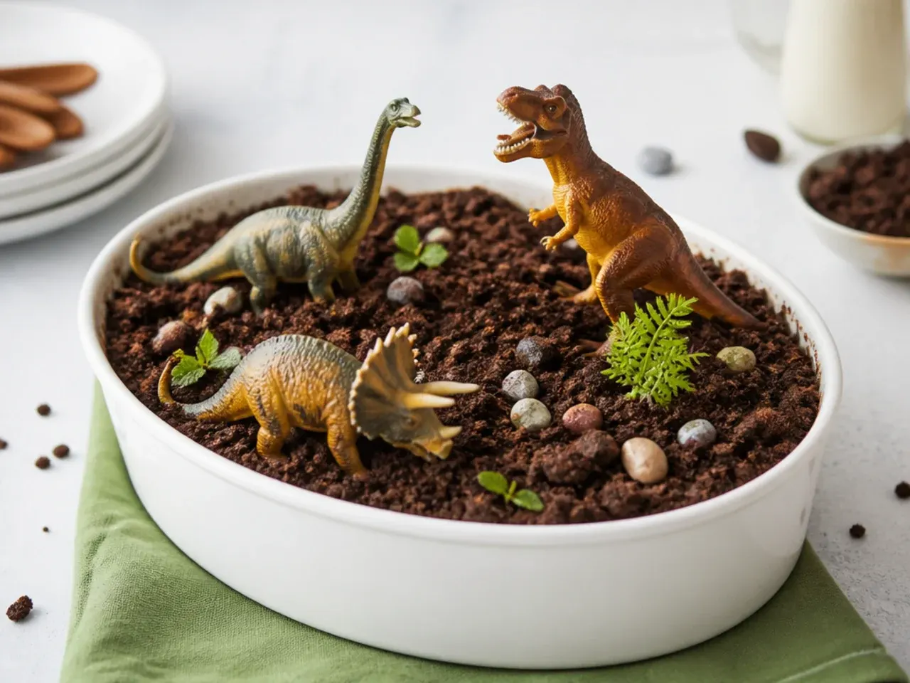 Dinosaur dirt cake idea with cookie crumb soil and figures in a dish