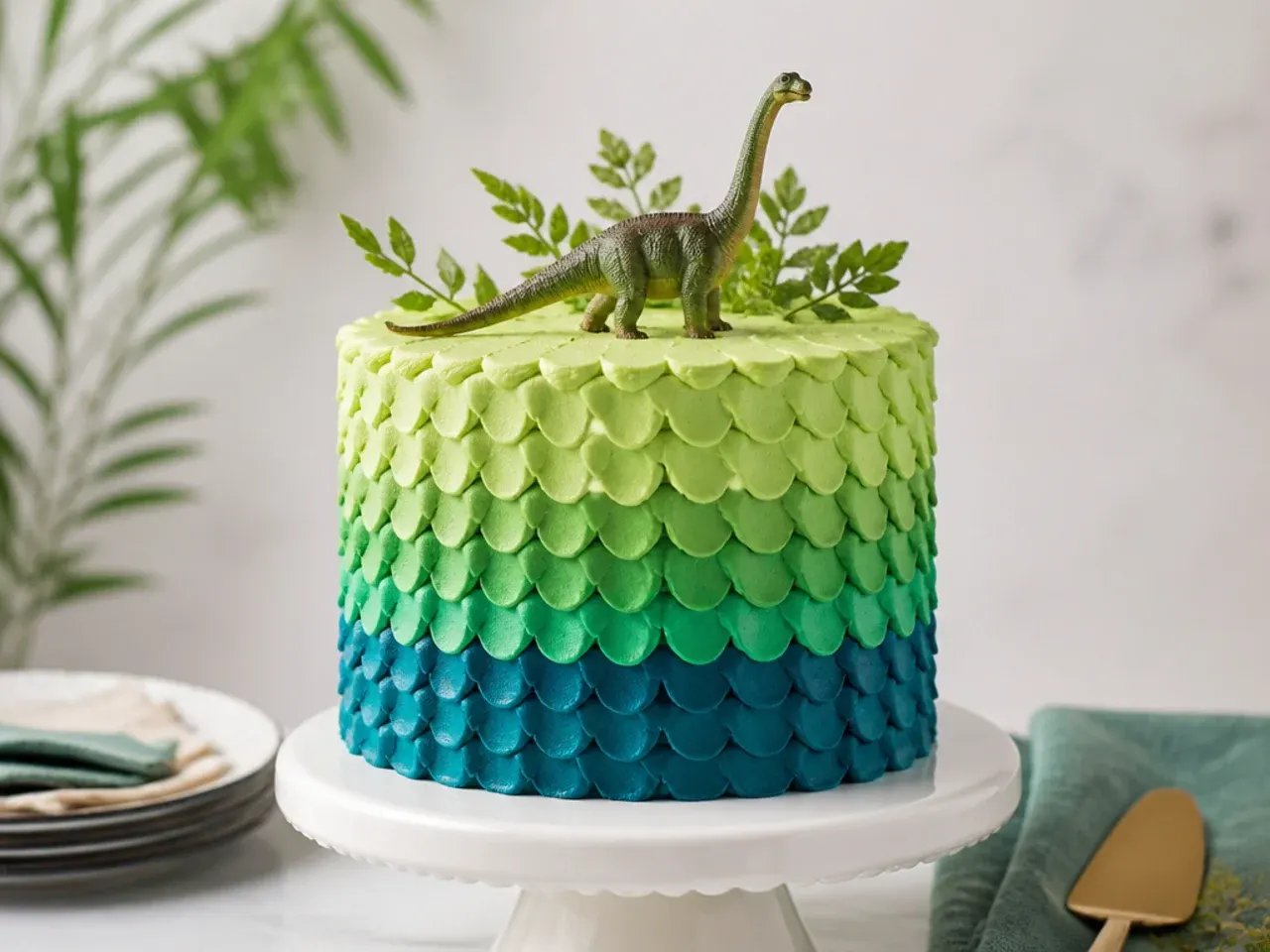 Buttercream dinosaur scales cake design with piped overlapping scales