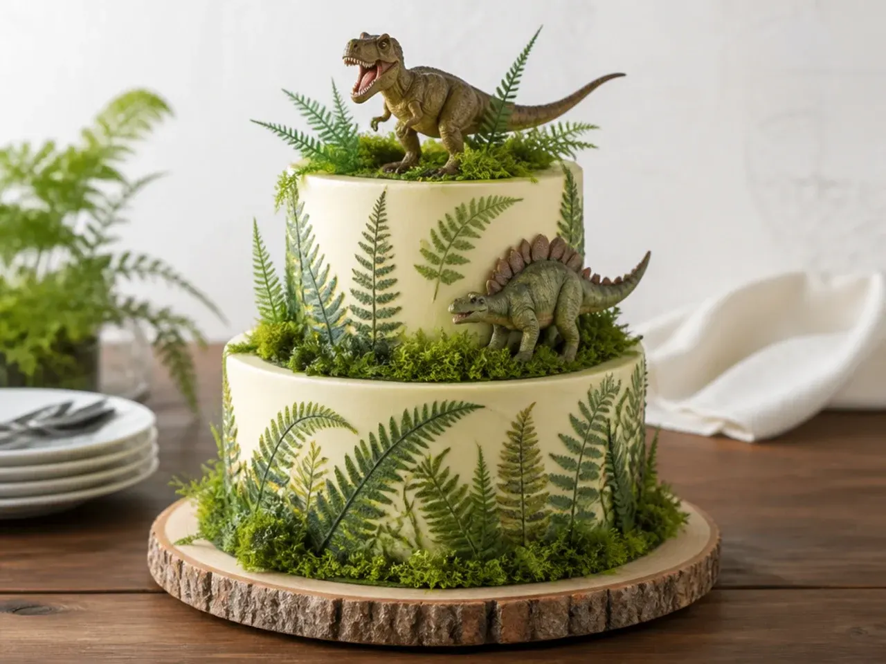 Elegant two-tier fern forest dinosaur cake idea with painted fronds