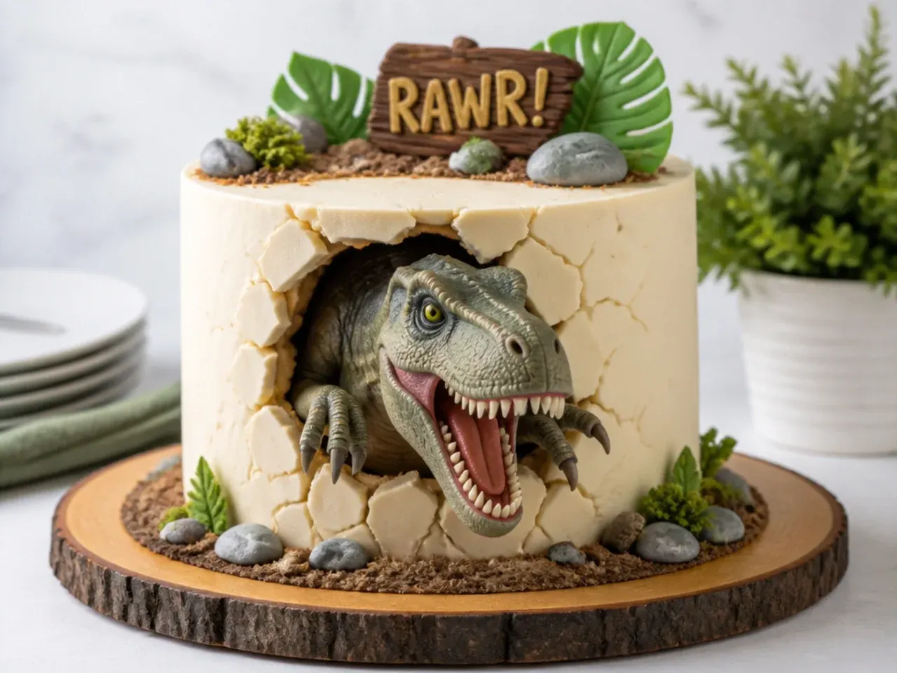 Playful peekaboo dinosaur cake design with figure bursting through side