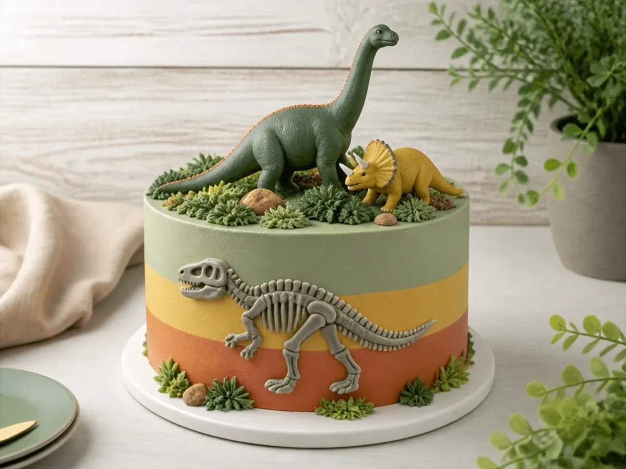 Modern color-block dinosaur cake idea with sage mustard terracotta bands