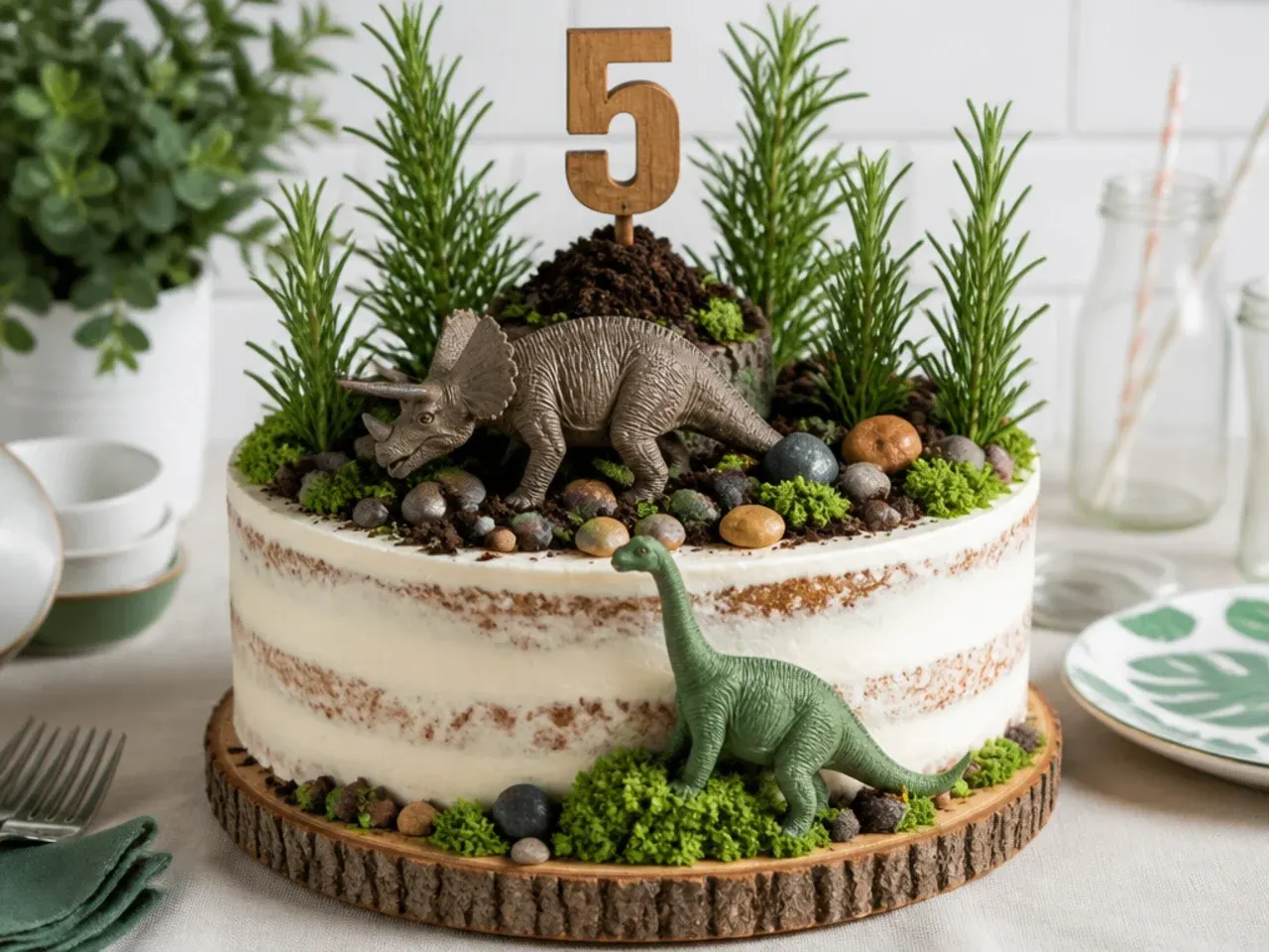 Rustic naked dinosaur forest cake design with rosemary trees and figures