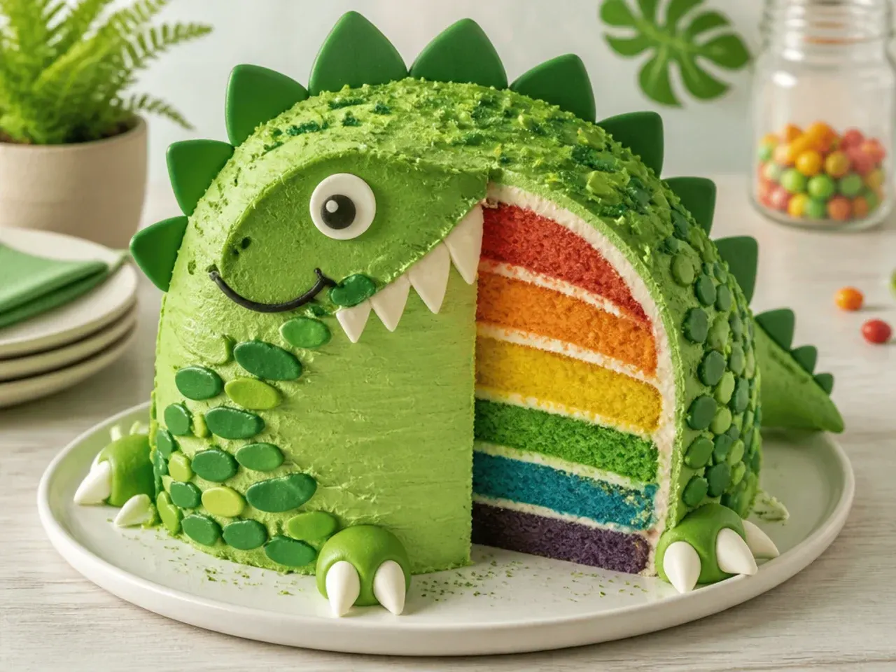 Rainbow-layer dinosaur cake idea with colorful sponge revealed on cutting