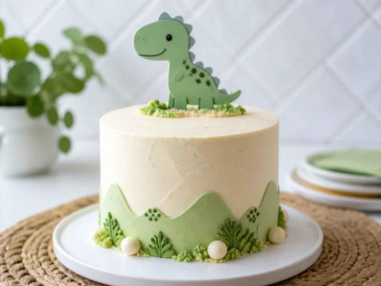 Minimal dinosaur cake design with a single topper on smooth buttercream