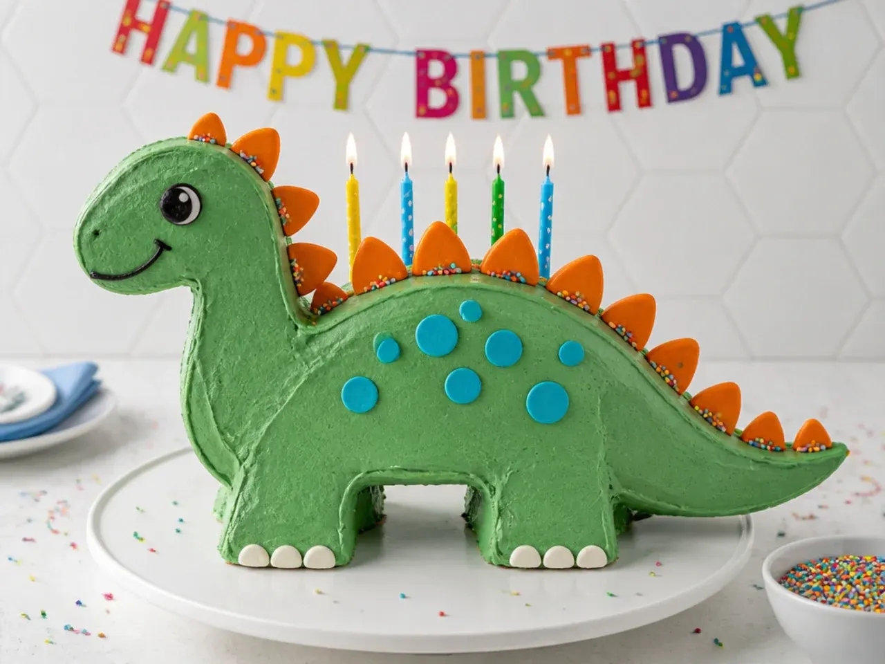 Festive bright dinosaur cake idea with sprinkles banner and candles