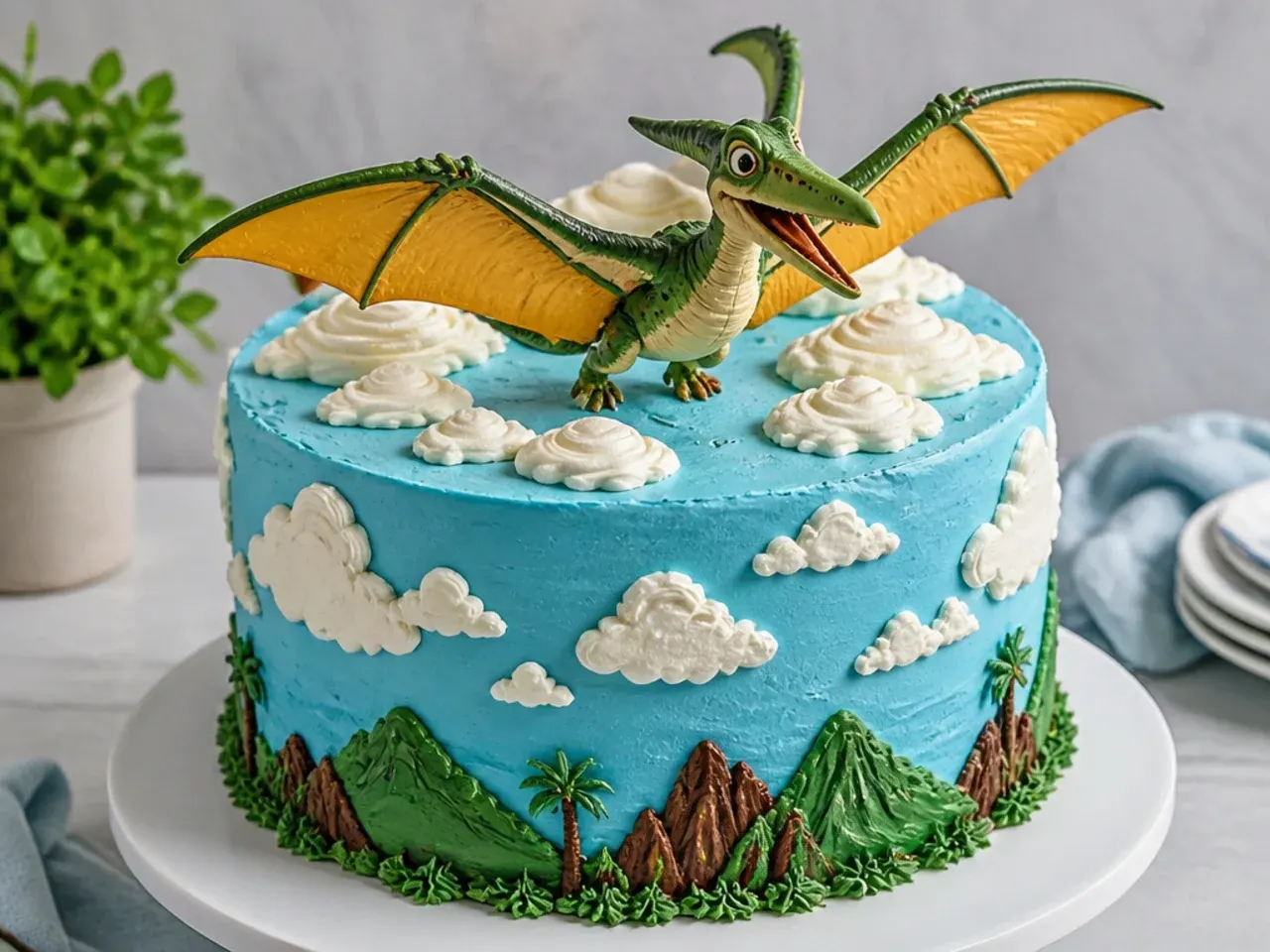 Whimsical flying dinosaur cake design with piped clouds and sky scene