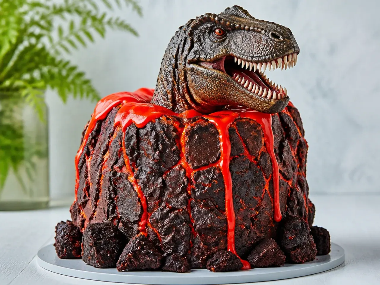 Bold lava-land dinosaur cake idea with glowing cracks and red drip
