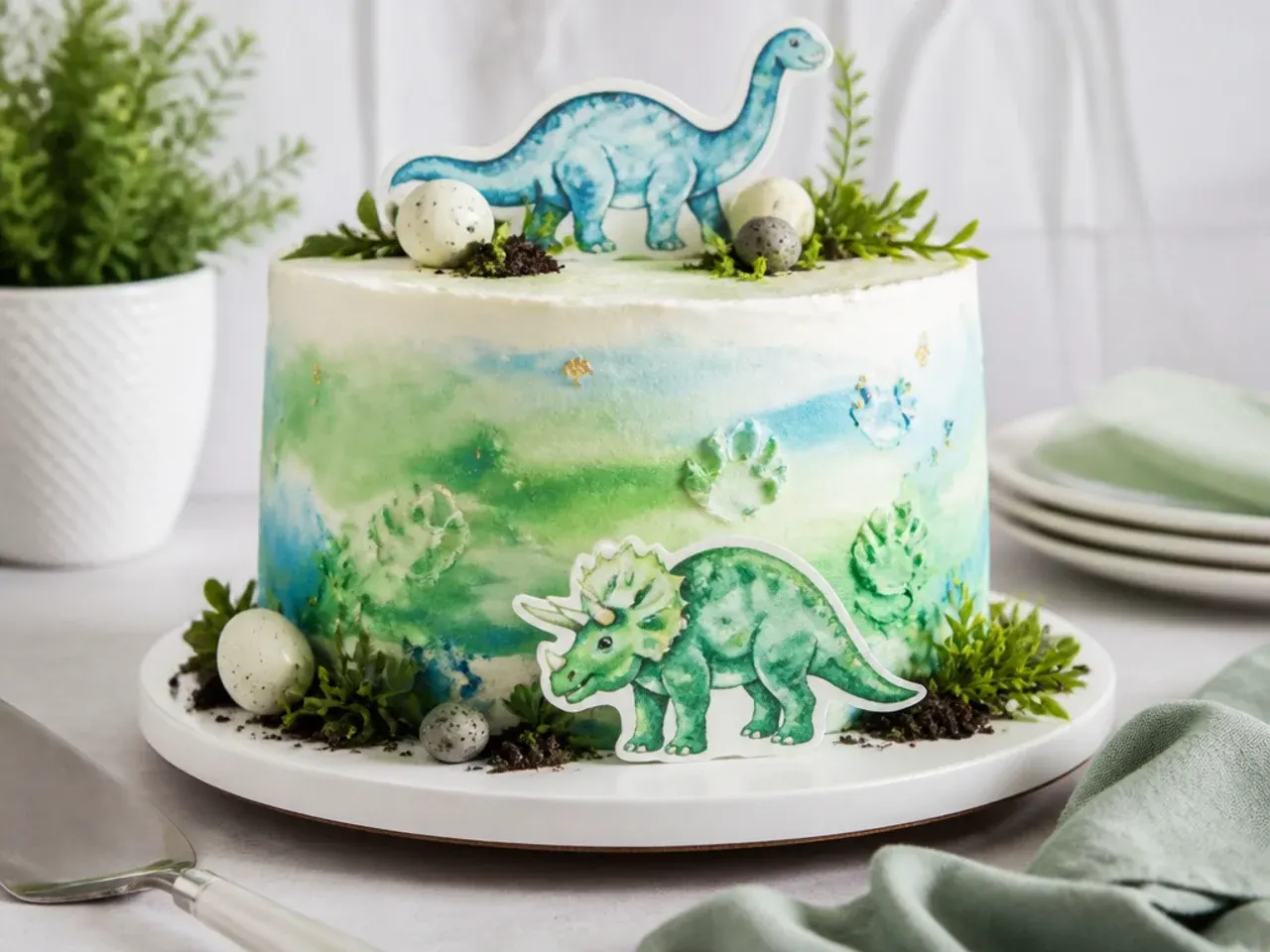 Delicate watercolor wash dinosaur cake design with blended buttercream
