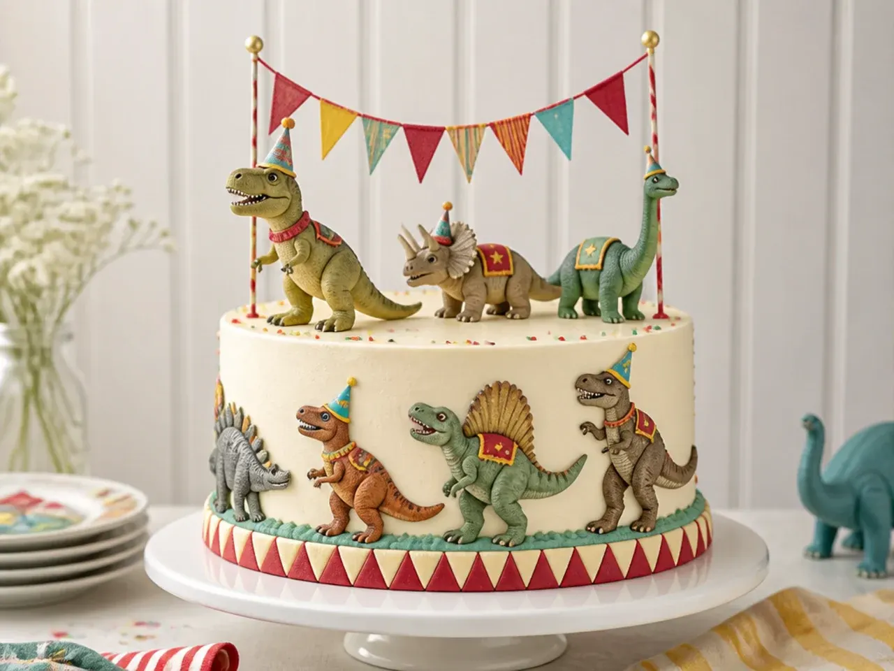 Vintage circus dinosaur parade cake idea with striped bunting and hats